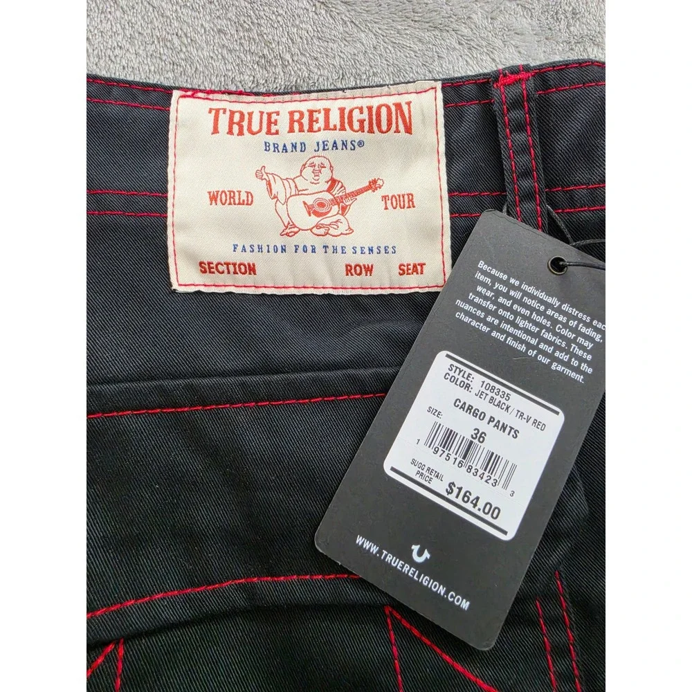 NWT True Religion Balloon Cargo Pants Men Size 36 Black Red Contrast Stitch Y2K